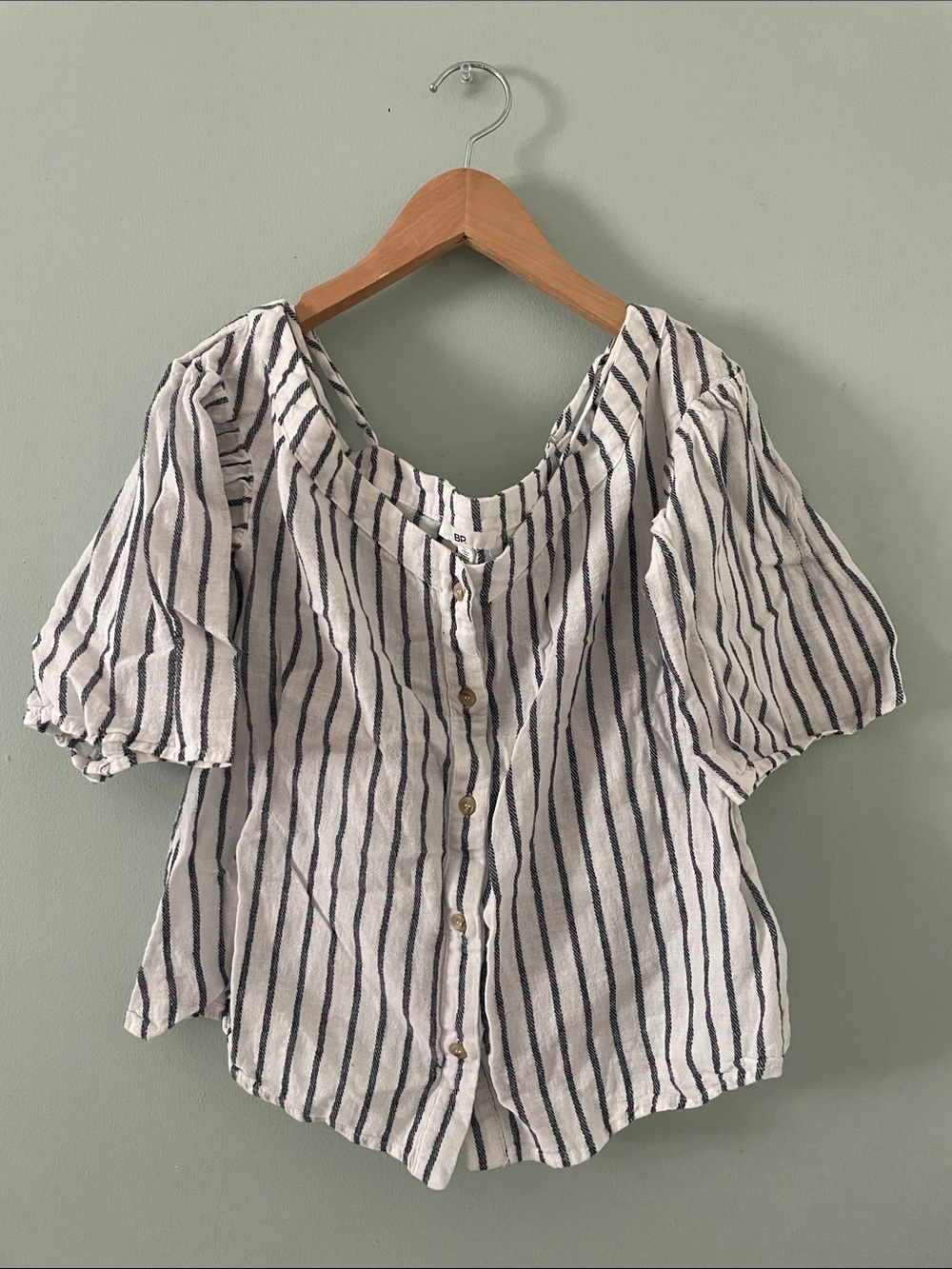 Nordstrom White Button-Front Puff Sleeve Stripe Top